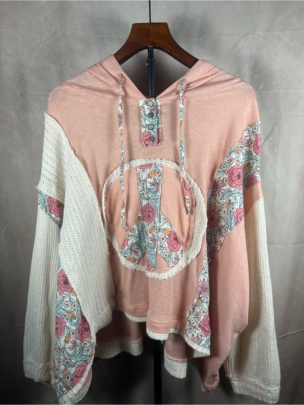 POL Pink Floral Patchwork Hooded Boho Top Size S